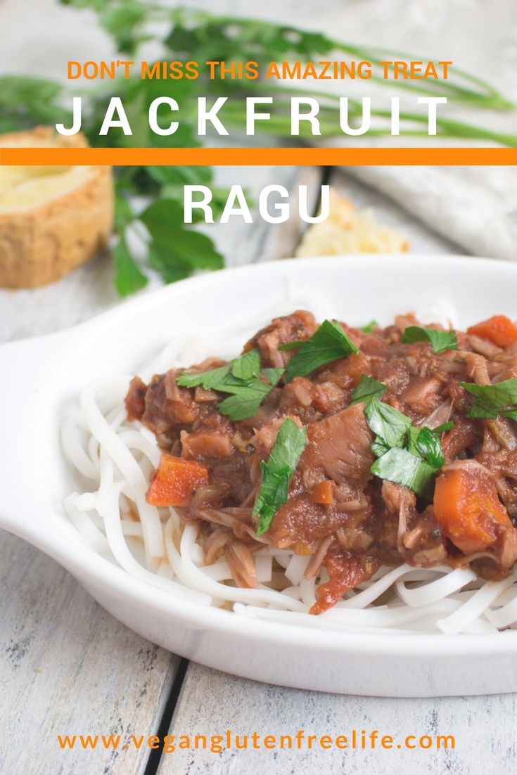 Jackfruit ragu is a vegan version of an old Italian favorite. Great made in an Instant Pot or crockpot. Can't beat a meal made with tomatoes, onions, garlic, red wine, veggies, herbs, spices and a pinch of yummy goodness!