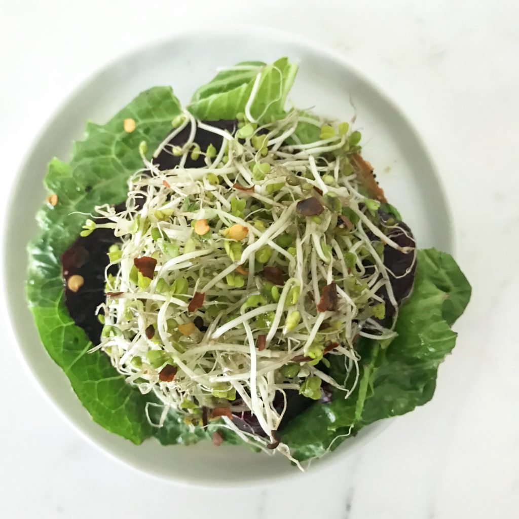 top view bagel with romaine lettuce, red beets, broccoli sprouts, red pepper flakes